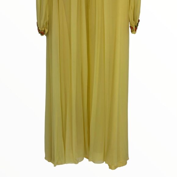 70’s Vintage Yellow Maxi Dress Embroidered Sheer Long Sleeve Ribbon Trim Gown - Picture 6 of 13
